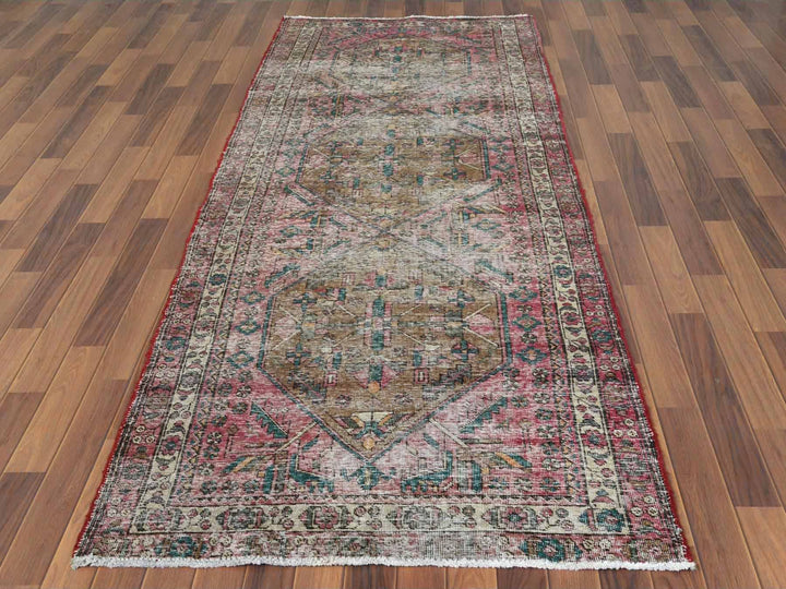 3'10" x 10'3" Vintage Hand Knotted Red Worn Wool Runner Oriental Rug - MOA10260505