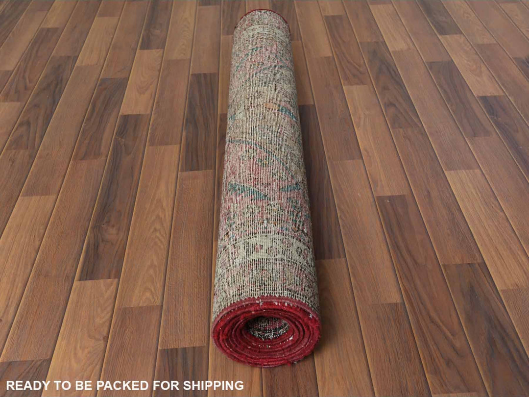 3'10" x 10'3" Vintage Hand Knotted Red Worn Wool Runner Oriental Rug - MOA10260505