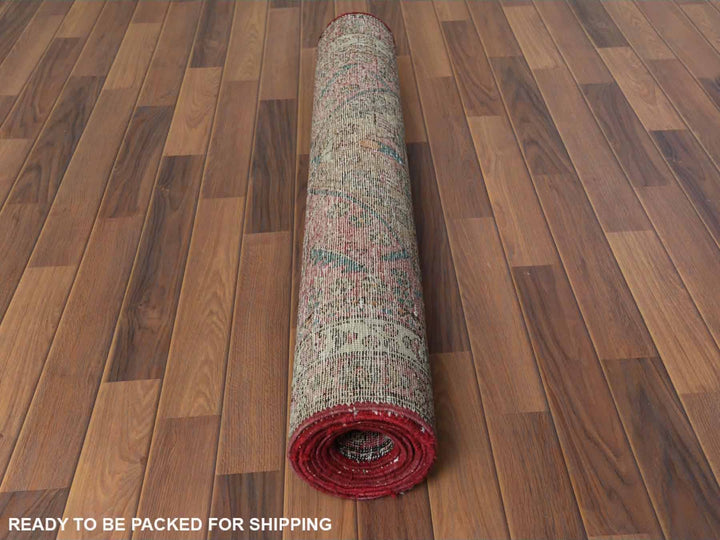 3'10" x 10'3" Vintage Hand Knotted Red Worn Wool Runner Oriental Rug - MOA10260505