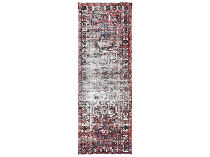 3'2" x 9'5" Vintage Hand Knotted Red Worn Wool Runner Oriental Rug - MOA10260946