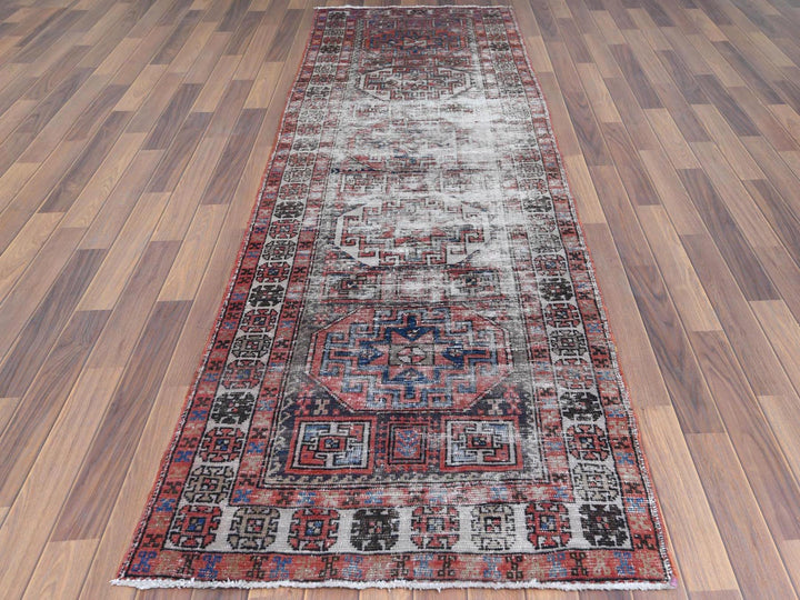 3'2" x 9'5" Vintage Hand Knotted Red Worn Wool Runner Oriental Rug - MOA10260946