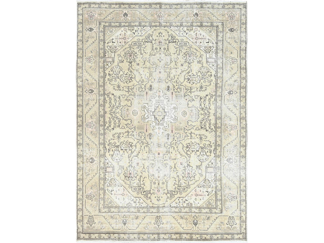 6'3" x 9'0" Vintage Hand Knotted Ivory Worn Wool Rectangle Oriental Rug - MOA10261582