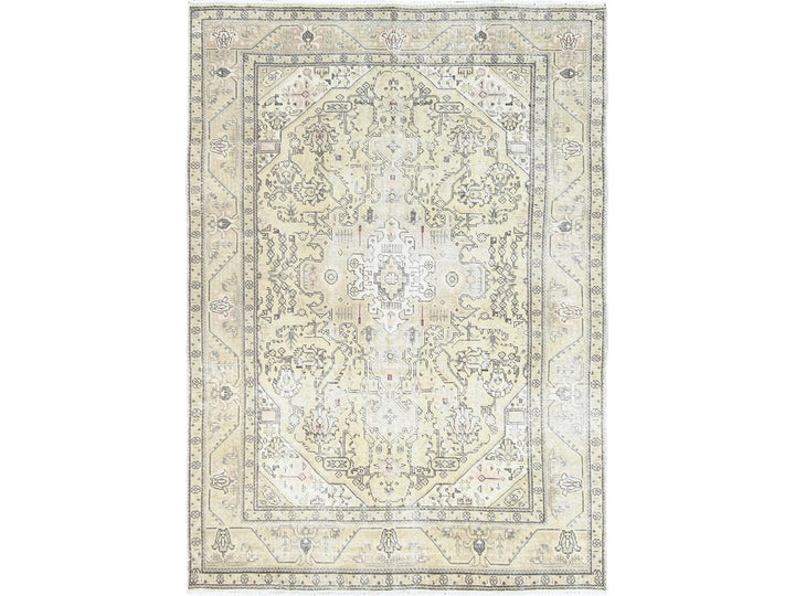 6'3" x 9'0" Vintage Hand Knotted Ivory Worn Wool Rectangle Oriental Rug - MOA10261582