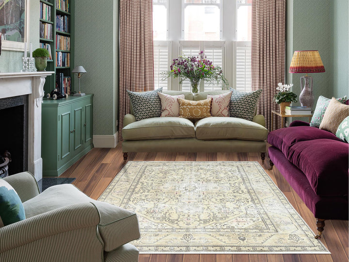 6'3" x 9'0" Vintage Hand Knotted Ivory Worn Wool Rectangle Oriental Rug - MOA10261582