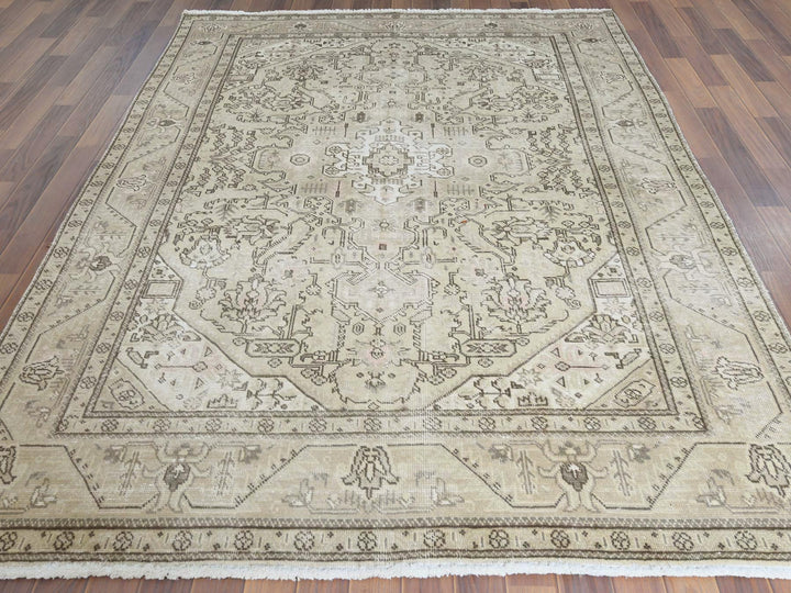 6'3" x 9'0" Vintage Hand Knotted Ivory Worn Wool Rectangle Oriental Rug - MOA10261582