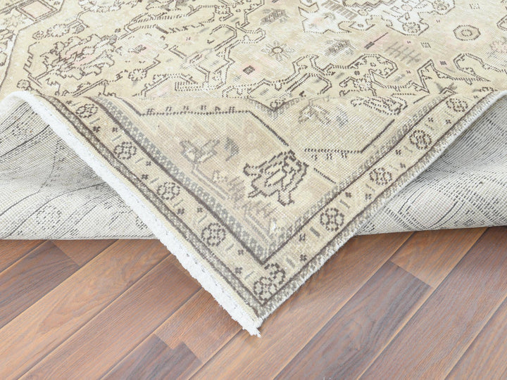 6'3" x 9'0" Vintage Hand Knotted Ivory Worn Wool Rectangle Oriental Rug - MOA10261582
