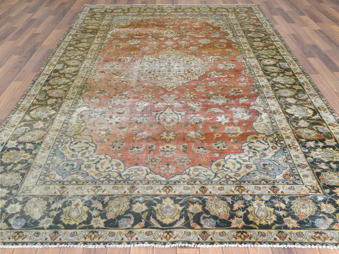 6'10" x 10'6" Vintage Hand Knotted Brown Worn Wool Rectangle Oriental Rug - MOA10261630