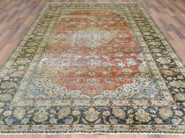 6'10" x 10'6" Vintage Hand Knotted Brown Worn Wool Rectangle Oriental Rug - MOA10261630