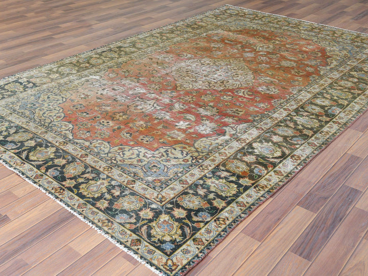 6'10" x 10'6" Vintage Hand Knotted Brown Worn Wool Rectangle Oriental Rug - MOA10261630