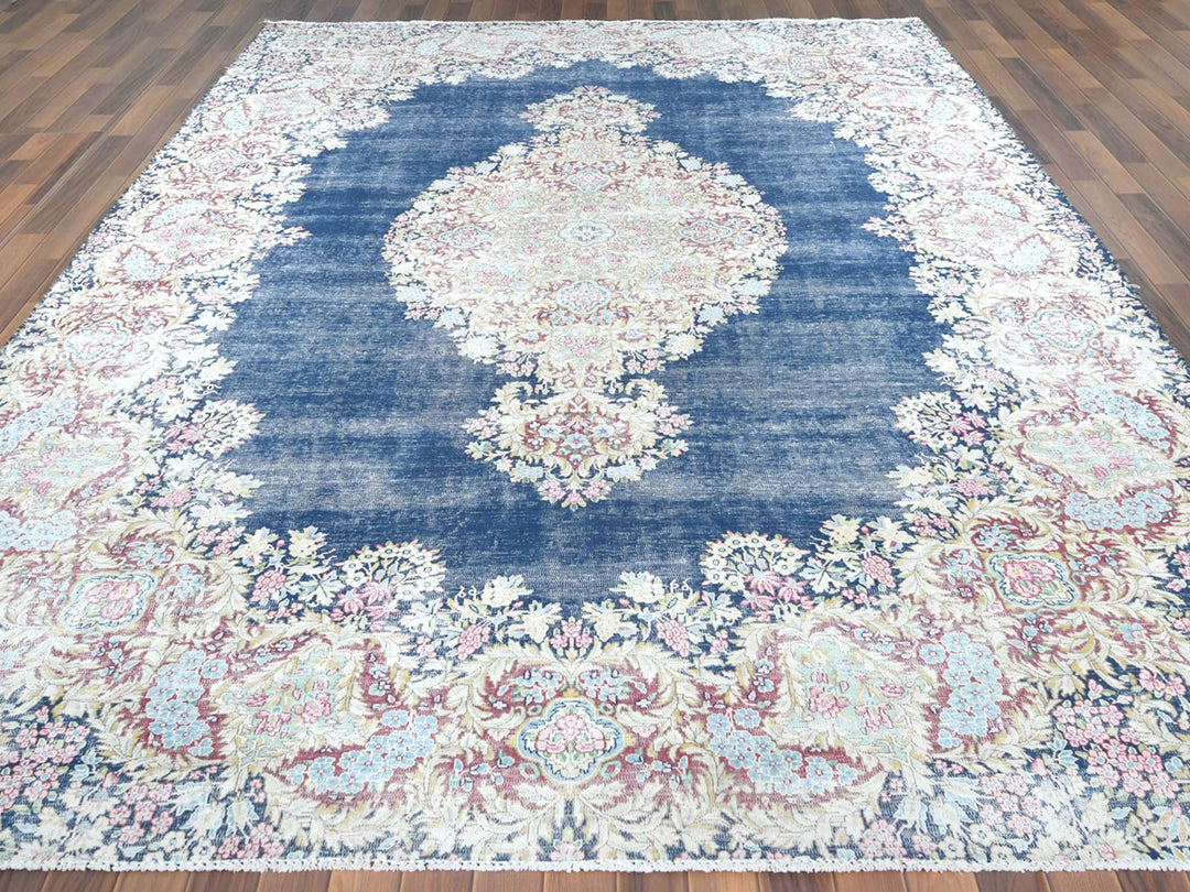 8'6" x 11'2" Vintage Hand Knotted Blue Worn Wool Rectangle Oriental Rug - MOA10261801