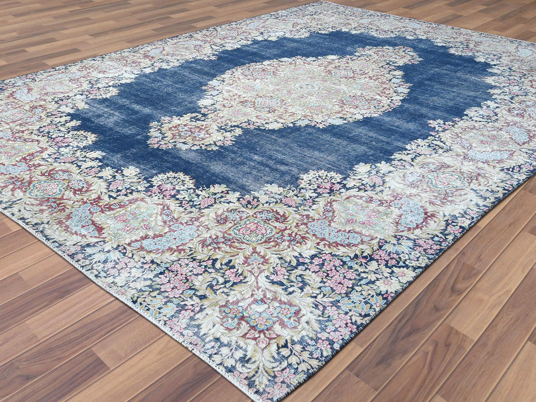 8'6" x 11'2" Vintage Hand Knotted Blue Worn Wool Rectangle Oriental Rug - MOA10261801