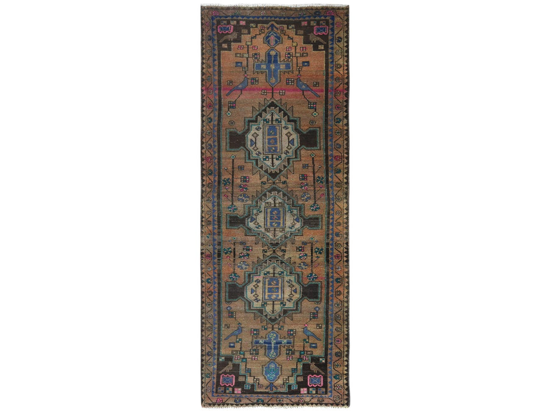3'4" x 9'3" Vintage Hand Knotted Brown Worn Wool Runner Oriental Rug - MOA10261872