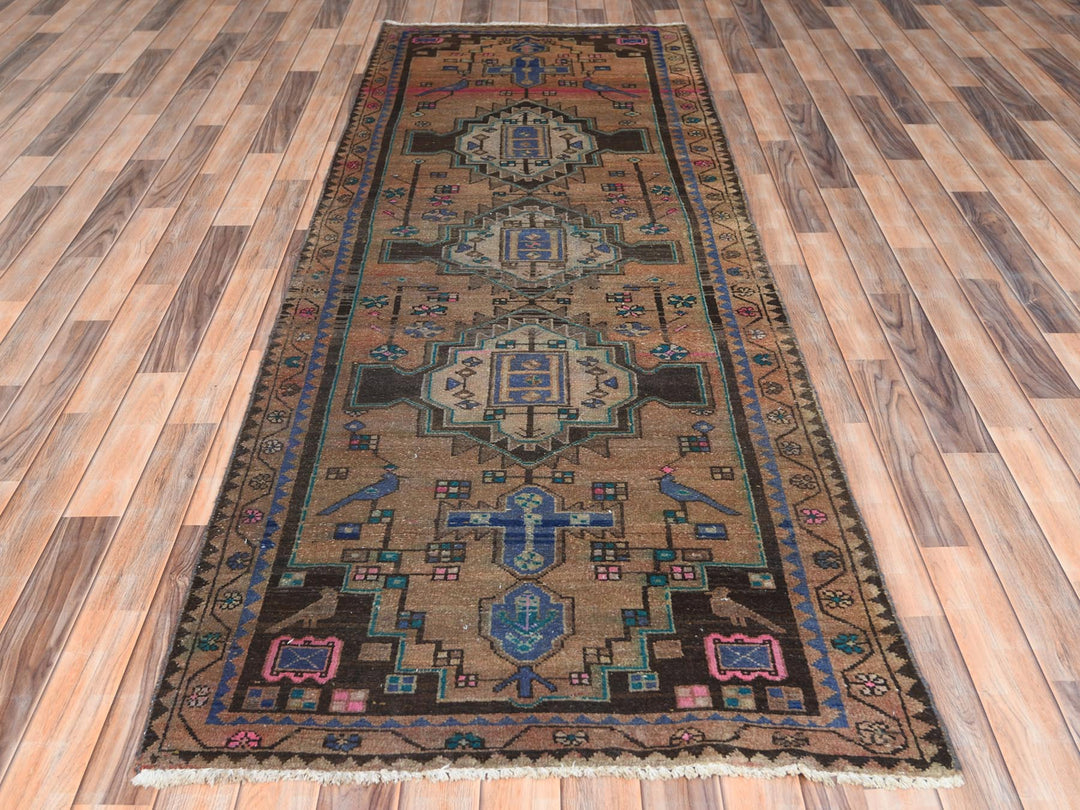 3'4" x 9'3" Vintage Hand Knotted Brown Worn Wool Runner Oriental Rug - MOA10261872