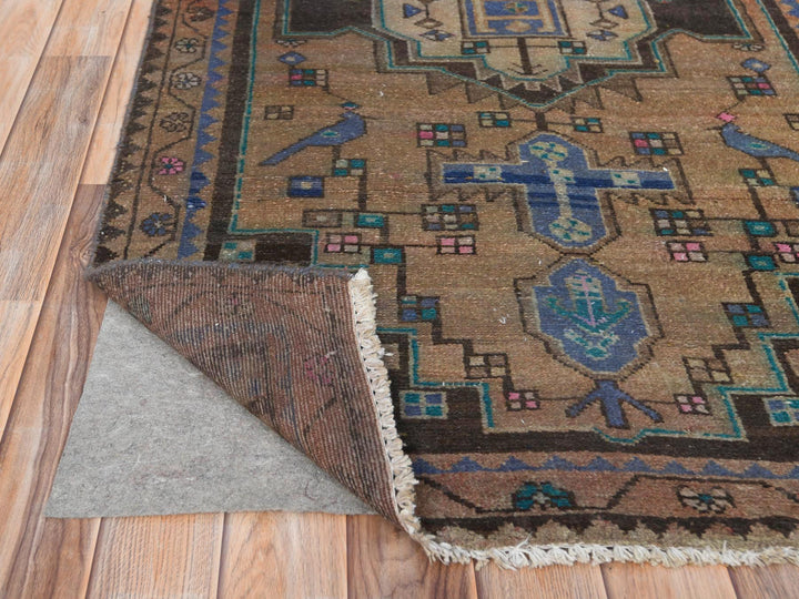 3'4" x 9'3" Vintage Hand Knotted Brown Worn Wool Runner Oriental Rug - MOA10261872