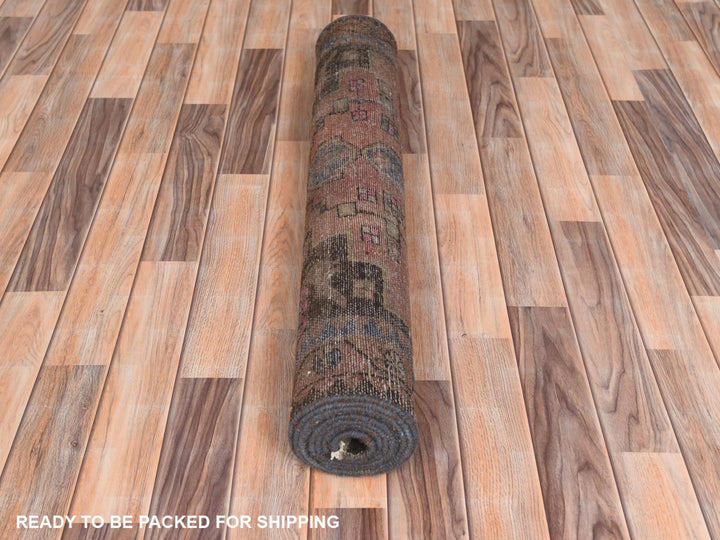3'4" x 9'3" Vintage Hand Knotted Brown Worn Wool Runner Oriental Rug - MOA10261872