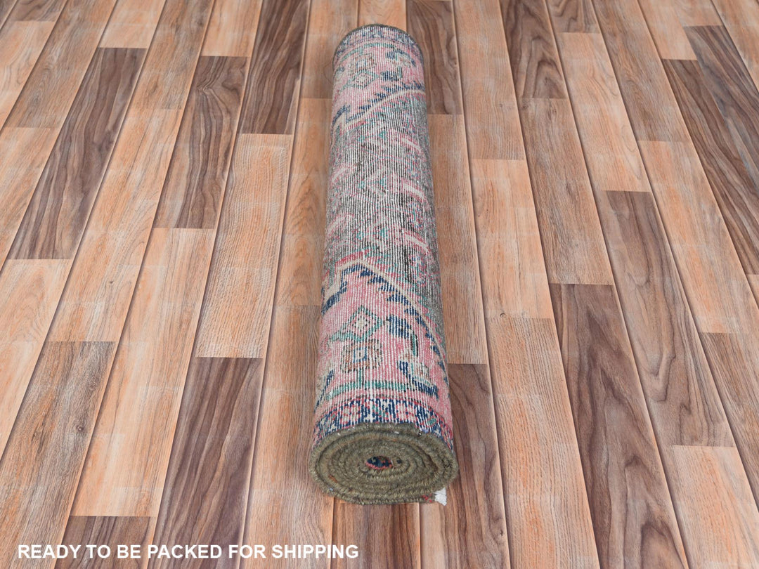 2'8" x 8'10" Vintage Hand Knotted Pink Worn Wool Runner Oriental Rug - MOA10261884