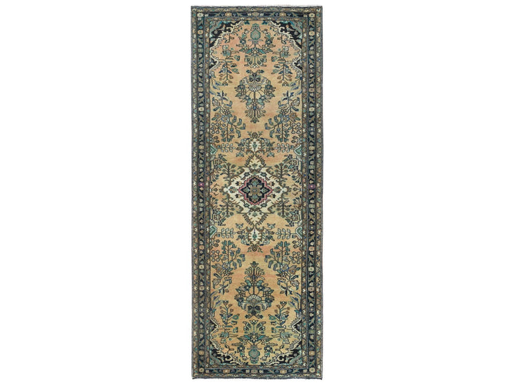 3'5" x 10'1" Vintage Hand Knotted Brown Worn Wool Runner Oriental Rug - MOA10261944