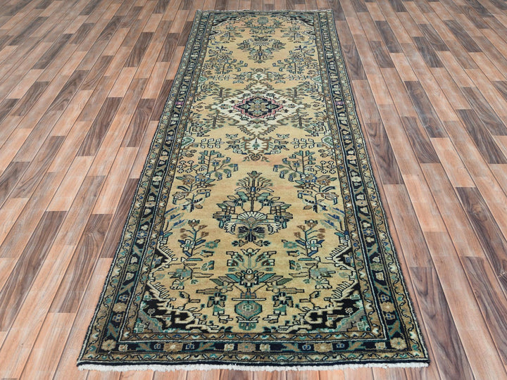3'5" x 10'1" Vintage Hand Knotted Brown Worn Wool Runner Oriental Rug - MOA10261944