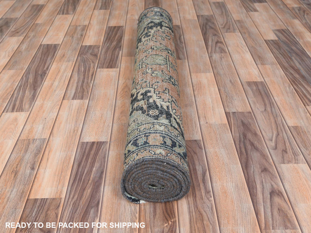 3'5" x 10'1" Vintage Hand Knotted Brown Worn Wool Runner Oriental Rug - MOA10261944