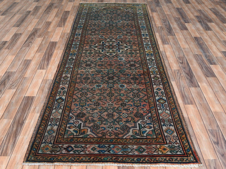 3'6" x 9'7" Vintage Hand Knotted Red Worn Wool Runner Oriental Rug - MOA10261946