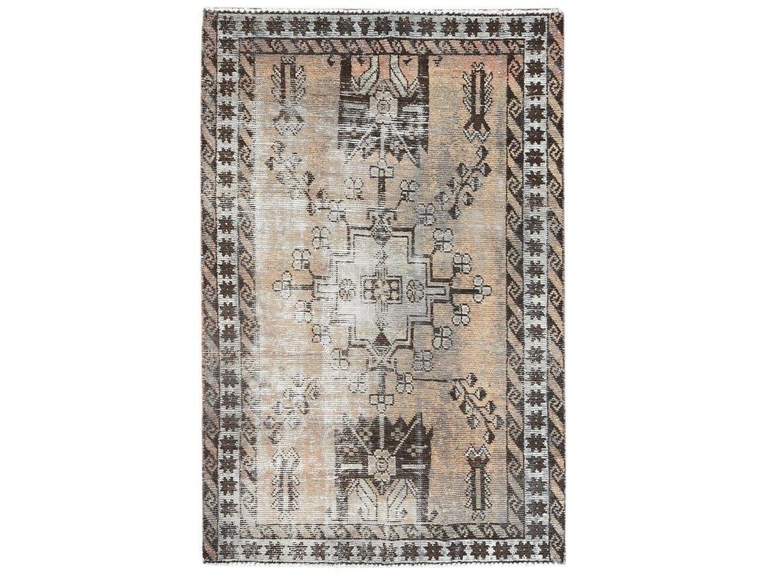 3'10" x 6'0" Vintage Hand Knotted Beige Worn Wool Rectangle Oriental Rug - MOA10261951