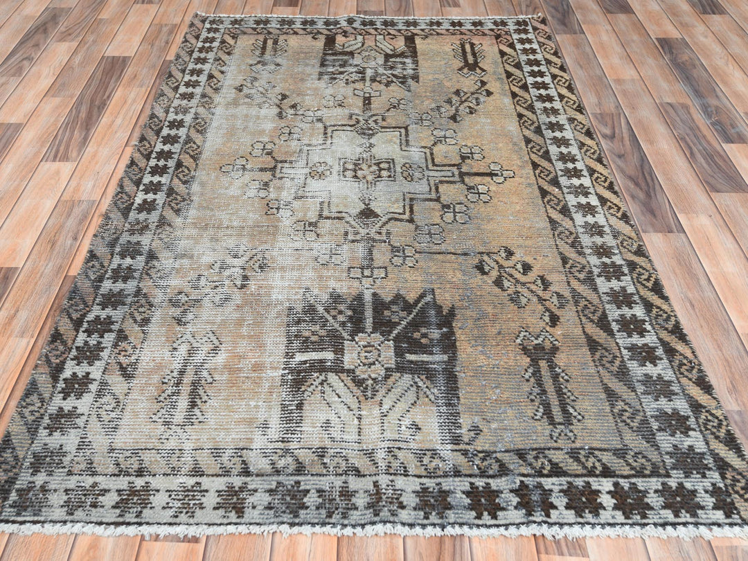 3'10" x 6'0" Vintage Hand Knotted Beige Worn Wool Rectangle Oriental Rug - MOA10261951