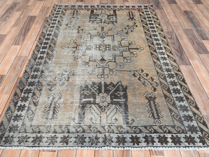 3'10" x 6'0" Vintage Hand Knotted Beige Worn Wool Rectangle Oriental Rug - MOA10261951
