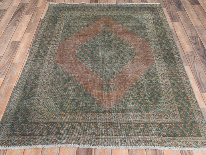 4'1" x 6'0" Vintage Hand Knotted Brown Worn Wool Rectangle Oriental Rug - MOA10261953