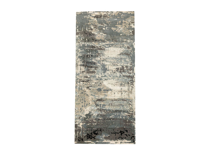4'1" x 10'0" New Hand Knotted Grey Wool & Silk Runner Oriental Rug - MOA10262025
