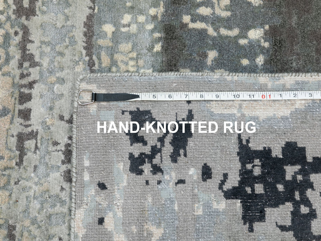 4'1" x 10'0" New Hand Knotted Grey Wool & Silk Runner Oriental Rug - MOA10262025