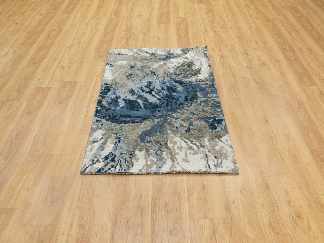 3'1" x 5'0" New Hand Knotted Blue Wool & Silk Rectangle Oriental Rug - MOA10262028