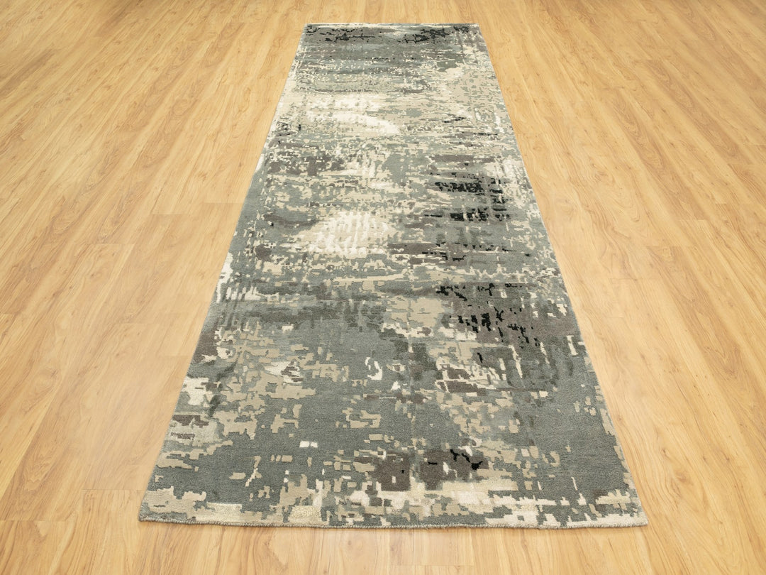 4'0" x 12'0" New Hand Knotted Grey Wool & Silk Runner Oriental Rug - MOA10262034