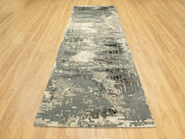 4'0" x 12'0" New Hand Knotted Grey Wool & Silk Runner Oriental Rug - MOA10262034