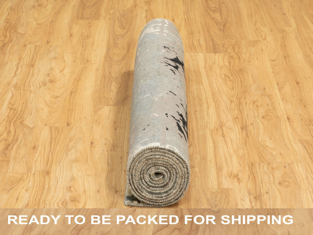 4'0" x 12'0" New Hand Knotted Grey Wool & Silk Runner Oriental Rug - MOA10262034