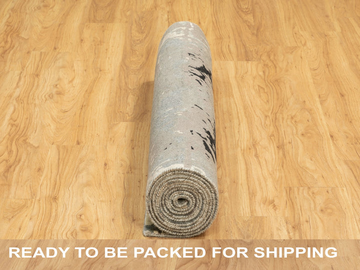 4'0" x 12'0" New Hand Knotted Grey Wool & Silk Runner Oriental Rug - MOA10262034
