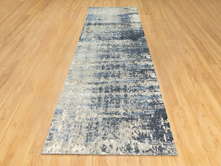 4'0" x 11'9" New Hand Knotted Grey Wool & Silk Runner Oriental Rug - MOA10262037