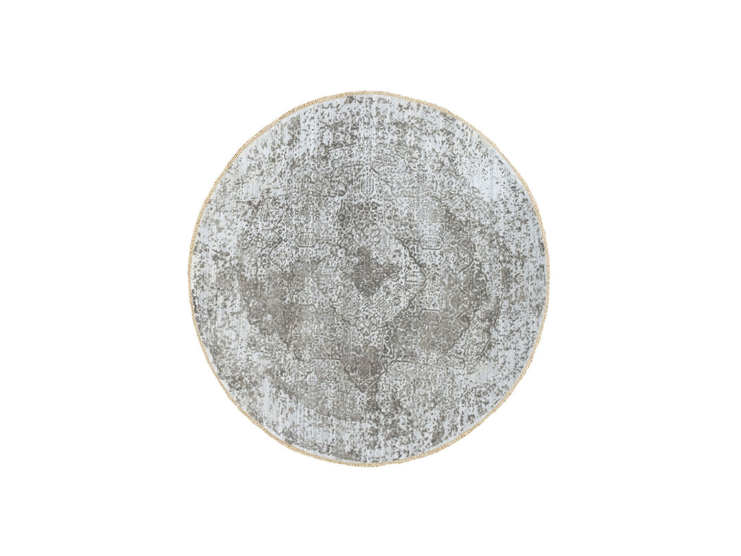 6'0" x 6'0" New Hand Knotted Grey Wool & Pure Silk Round Oriental Rug - MOA10262054