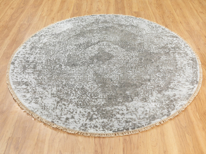 6'0" x 6'0" New Hand Knotted Grey Wool & Pure Silk Round Oriental Rug - MOA10262054