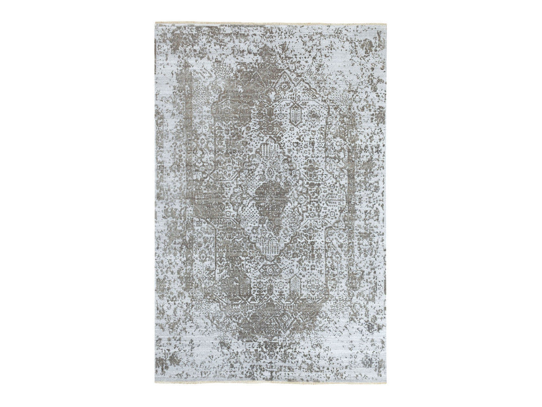 6'0" x 9'0" New Hand Knotted Grey Wool & Pure Silk Rectangle Oriental Rug - MOA10262057