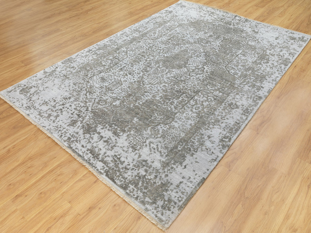 6'0" x 9'0" New Hand Knotted Grey Wool & Pure Silk Rectangle Oriental Rug - MOA10262057