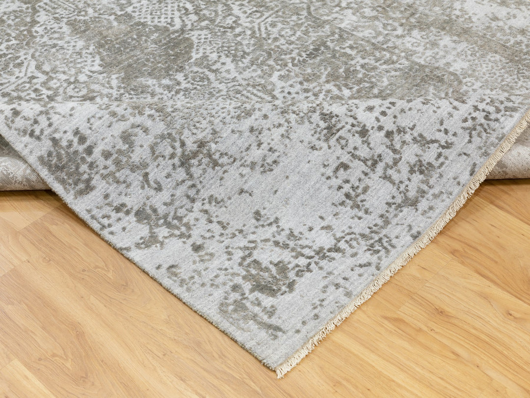 6'0" x 9'0" New Hand Knotted Grey Wool & Pure Silk Rectangle Oriental Rug - MOA10262057