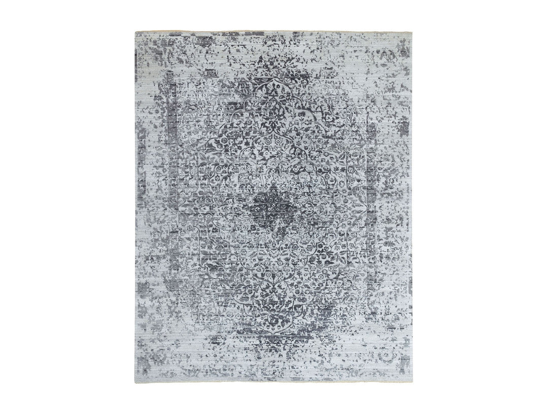 8'0" x 10'1" New Hand Knotted Grey Wool & Pure Silk Rectangle Oriental Rug - MOA10262058
