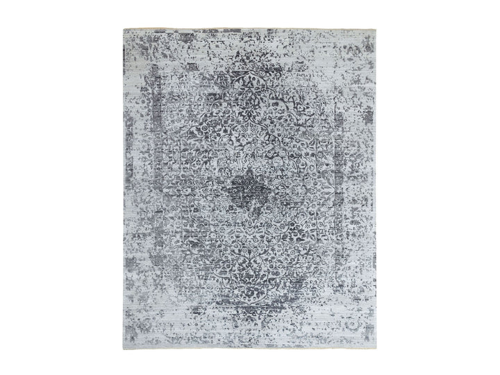 8'0" x 10'1" New Hand Knotted Grey Wool & Pure Silk Rectangle Oriental Rug - MOA10262058