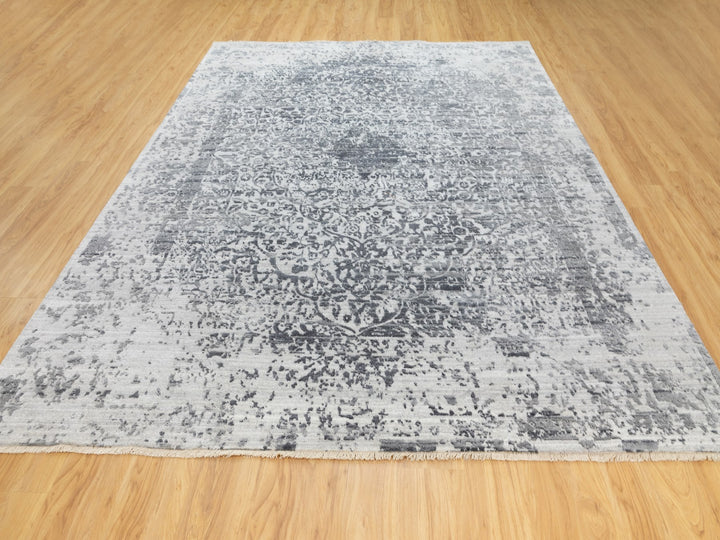 8'0" x 10'1" New Hand Knotted Grey Wool & Pure Silk Rectangle Oriental Rug - MOA10262058