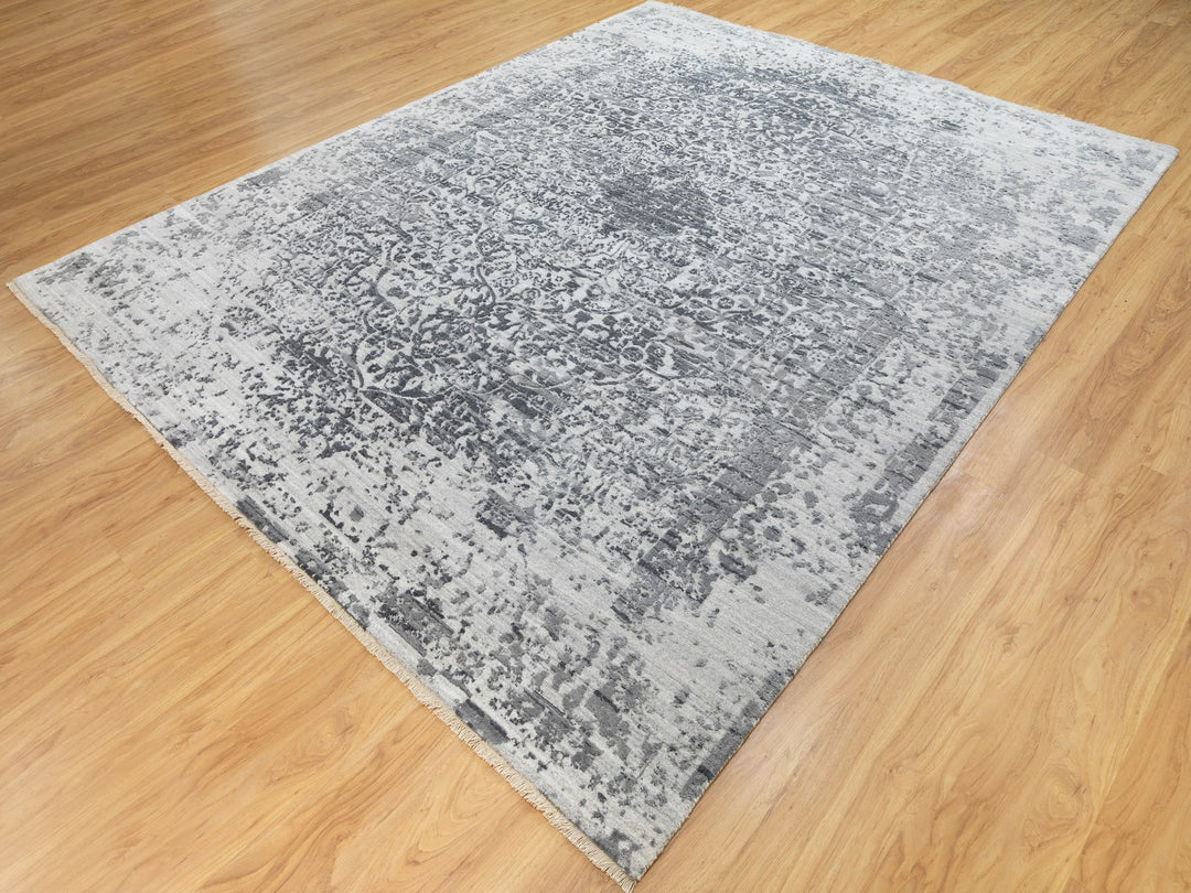 8'0" x 10'1" New Hand Knotted Grey Wool & Pure Silk Rectangle Oriental Rug - MOA10262058