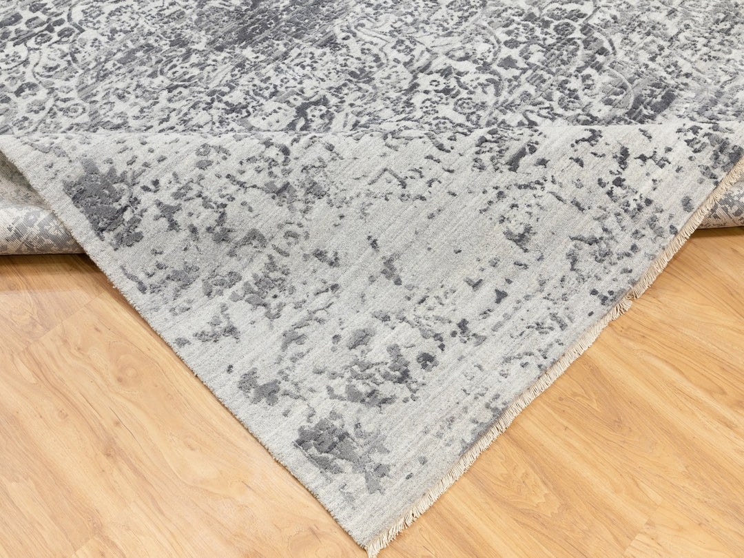 8'0" x 10'1" New Hand Knotted Grey Wool & Pure Silk Rectangle Oriental Rug - MOA10262058