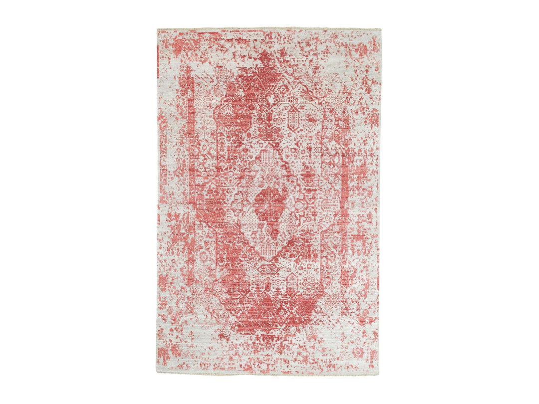 6'0" x 9'2" New Hand Knotted Pink Wool & Pure Silk Rectangle Oriental Rug - MOA10262069