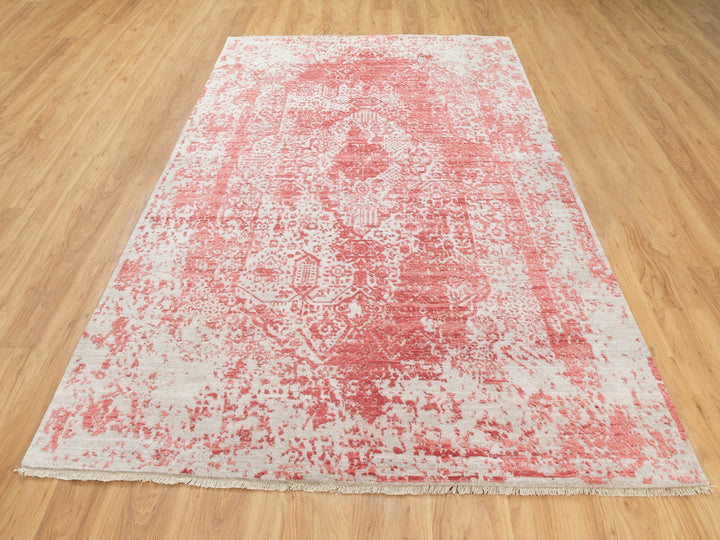 6'0" x 9'2" New Hand Knotted Pink Wool & Pure Silk Rectangle Oriental Rug - MOA10262069