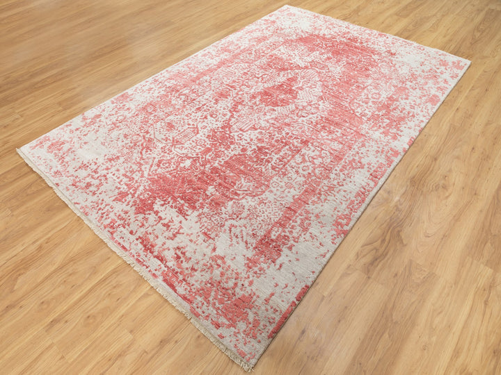 6'0" x 9'2" New Hand Knotted Pink Wool & Pure Silk Rectangle Oriental Rug - MOA10262069