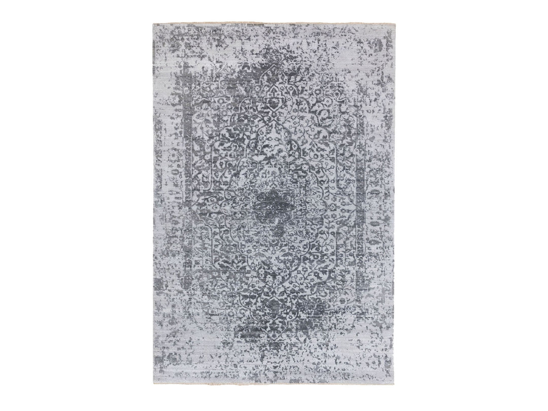 6'1" x 9'2" New Hand Knotted Grey Wool & Pure Silk Rectangle Oriental Rug - MOA10262094